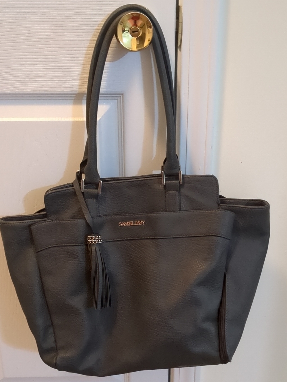 Y2K Sam & Libby Dark Grey Pebbled Tote with Tassel & Ballet Slip Bottom Pocket